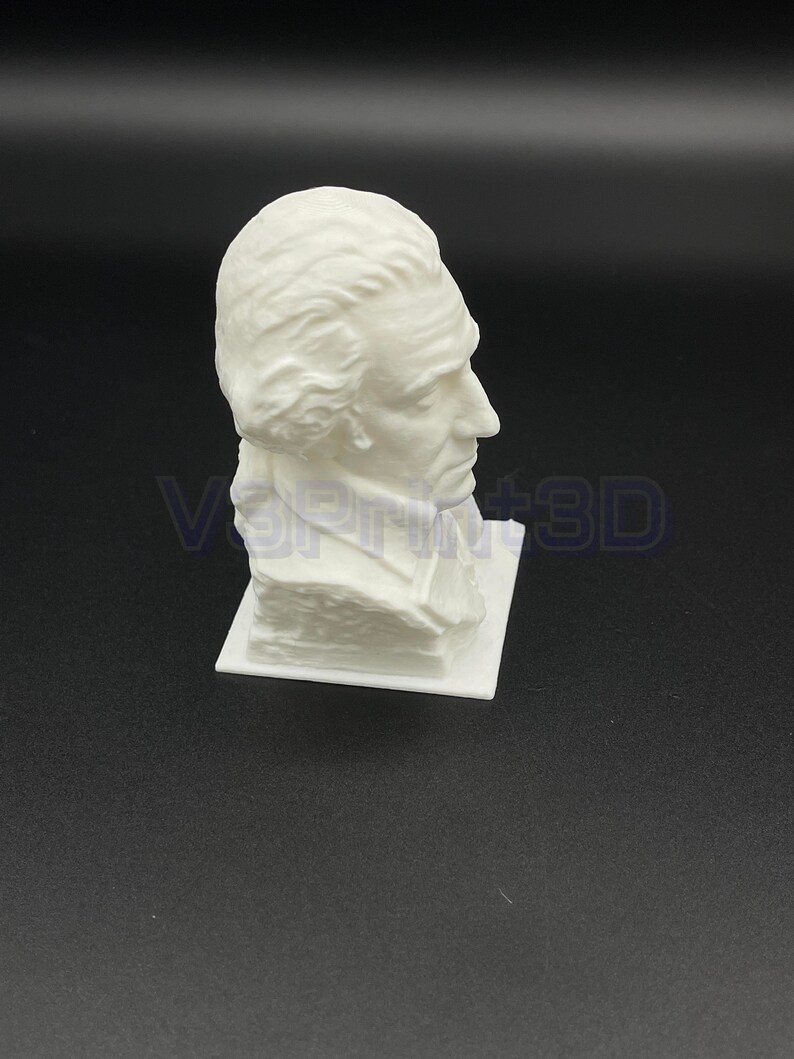 May include: White 3D printed bust of a man with a short, wavy hairstyle. The bust is on a white base.