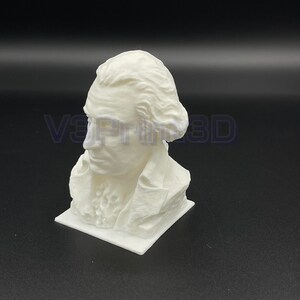 May include: A white 3D printed bust of a man with a short, curly hairstyle. The bust is on a square base.