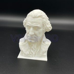 May include: A white 3D printed bust of a man with a short, curly hairstyle. The bust is on a white base.