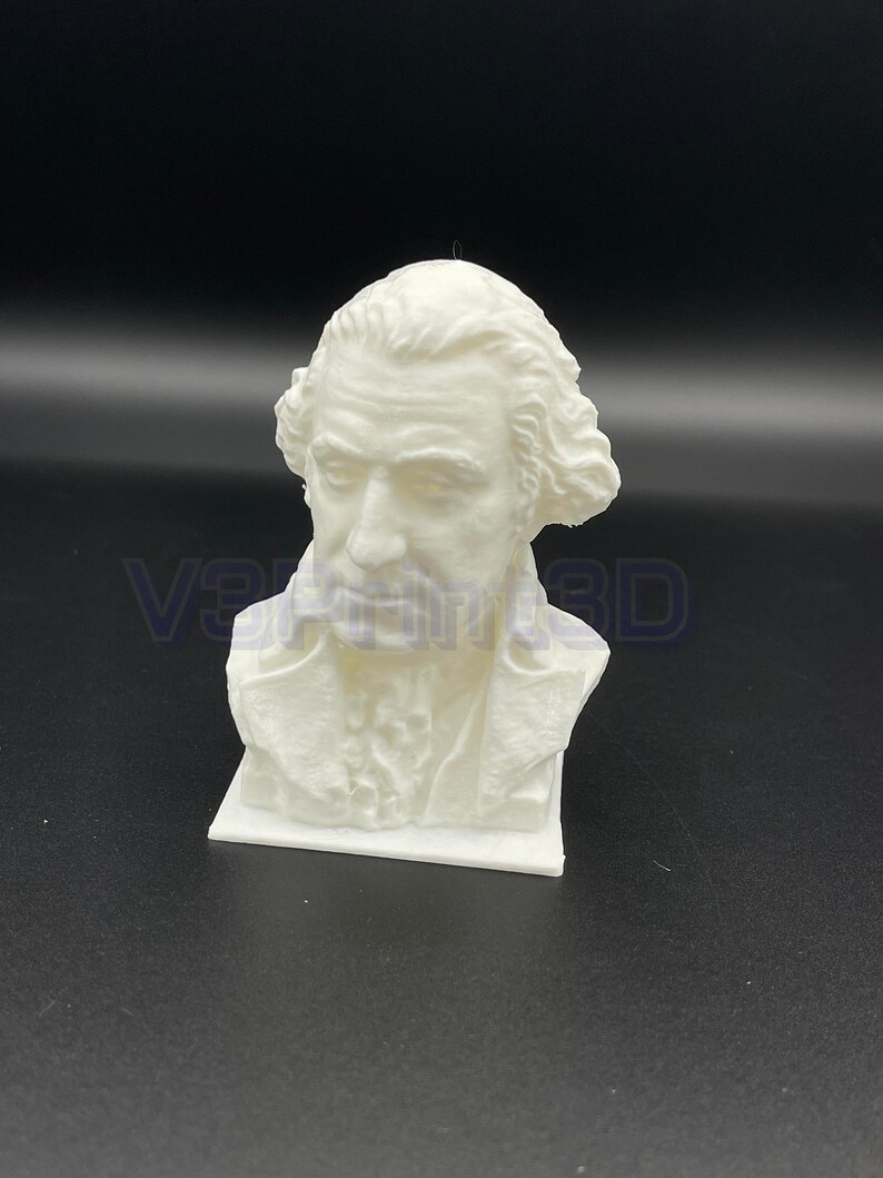 May include: A white 3D printed bust of a man with a short, curly hairstyle. The bust is on a white base.