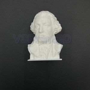 May include: A white 3D printed bust of a man with a short, curly wig. The bust is detailed and shows the man's face and neck.