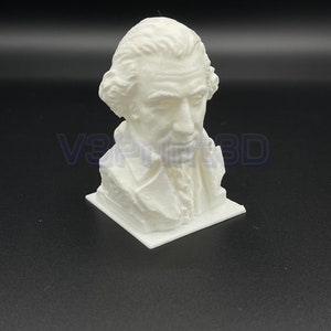 May include: A white 3D printed bust of a man with a short, curly wig. The bust is on a white base.