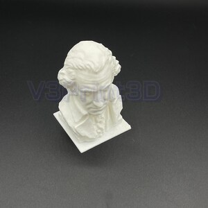 May include: White 3D printed bust sculpture of a man with a short beard and short hair. The bust is on a square base.