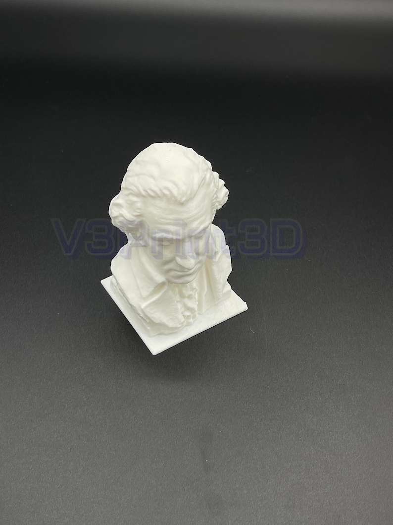 May include: White 3D printed bust sculpture of a man with a short beard and short hair. The bust is on a square base.