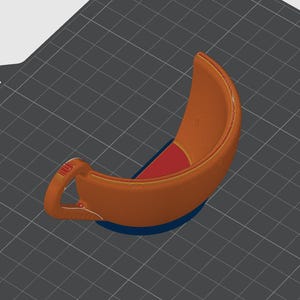 May include: A 3D printed orange cup with a handle and a red and yellow stripe design.