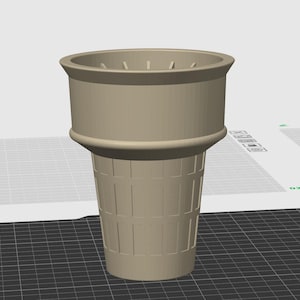 May include: A beige ice cream cone holder with a textured waffle pattern on the cone section. The top section has a wide, smooth rim with vertical slits. The design is a 3D rendering, perfect for a dessert-themed project.