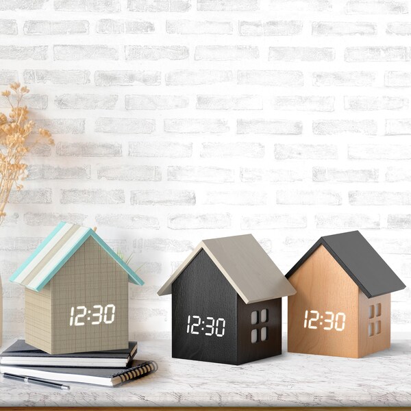 Driini Digital House-Shaped Alarm Clock with Temperature Display - Cute Cube Frame and White LED Dimmer - Small Desk Clock for Bedside Table