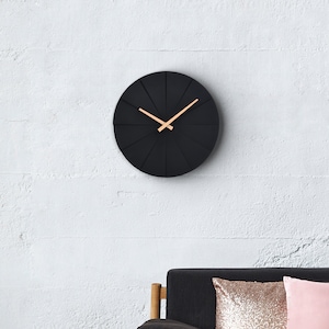 Driini Designer Silent Modern Wall Clock - Unique 11.2 in. Concrete Style Frame - Contemporary, Minimalist, Mid-Century Design - Black.