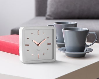 Driini Modern Desk and Table Analog Clock  (Rose Gold) - Battery Operated with Silent Sweep Movement – Small Square Desktop Decor