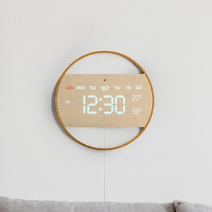 Driini Modern Digital LED Wall Clock - Day of Week, Time, Temperature, and Humidity - Aesthetic  Bamboo Wood with Large Number Display