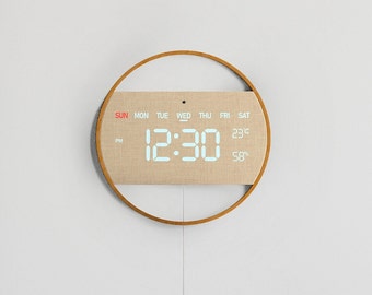 Driini Modern Digital LED Wall Clock - Day of Week, Time, Temperature, and Humidity - Aesthetic  Bamboo Wood with Large Number Display