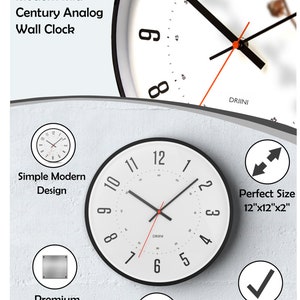 Driini Modern Mid Century Analog Wall Clock 12 Large, Easy to Read ...