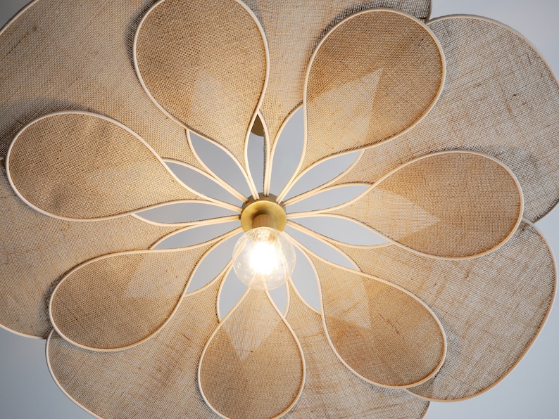 Flower suspension 14 petals linen and rattan burlap and rattan flower chandelier flower lamp flower wall light handcrafted image 8