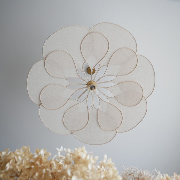 Flower suspension 14 petals linen and rattan - linen and rattan flower chandelier - flower lamp - flower wall light - handcrafted