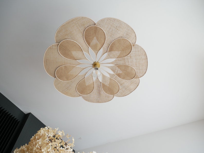 Flower suspension 14 petals linen and rattan burlap and rattan flower chandelier flower lamp flower wall light handcrafted image 2