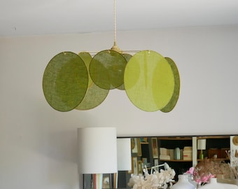 8-ronde hanglamp van linnen en messing - design kroonluchter - kinetisch mobiel - handgemaakt
