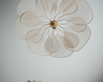 Hanging flower with 14 petals in linen and rattan - linen and rattan flower chandelier - flower lamp - flower wall light - handcrafted