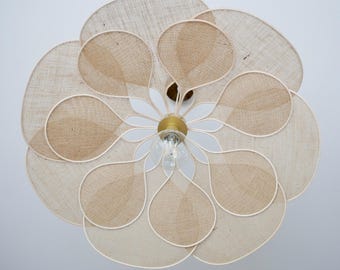 21. Flower pendant light with 14 linen and rattan petals - flower chandelier in burlap and rattan - flower lamp - flower wall light - handcrafted