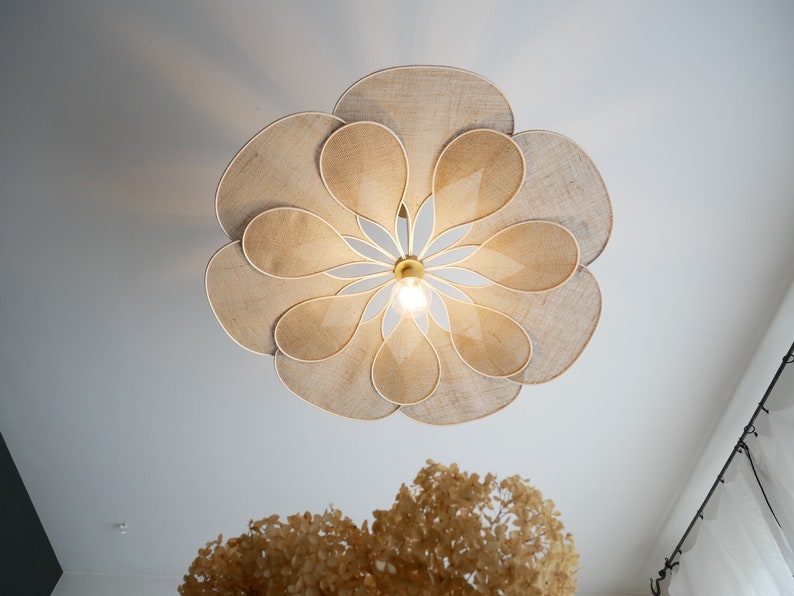 Flower suspension 14 petals linen and rattan burlap and rattan flower chandelier flower lamp flower wall light handcrafted image 7