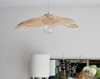14-Petal Flower Pendant Light in Linen and Rattan | Handcrafted Flower Chandelier | Japanese Wabi-Sabi Lighting | Natural Decoration