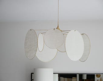 8-round linen and brass pendant light - designer chandelier - kinetic mobile - handmade