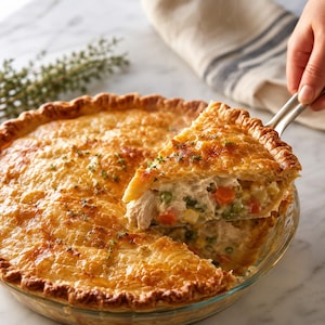 May include: A golden-brown chicken pot pie with a flaky, crimped crust in a clear glass dish. A metal server lifts a triangular slice, revealing a creamy filling of shredded chicken, orange carrots, green peas, and yellow corn, topped with fresh herbs.