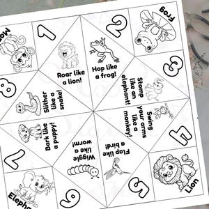 May include: A paper fortune teller game featuring black and white line art illustrations of animals including a monkey, frog, lion, snake, puppy, worm, bird, and elephant. Each section includes text prompts like Roar like a lion and Hop like a frog.