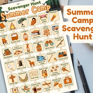 Chasse au trésor dans un camp d'été - Liste de contrôle en plein air amusante pour les enfants avec nature, camping et aventure, activité de camp PDF, jeu pour enfants, instantané