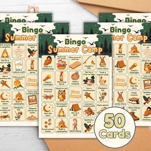 Juego de bingo imprimible de campamento de verano / Actividad de campamento para niños / Tamaño A4 y carta / 50 cartones de bingo + fichas / Juego de campamento en la naturaleza / Descarga instantánea