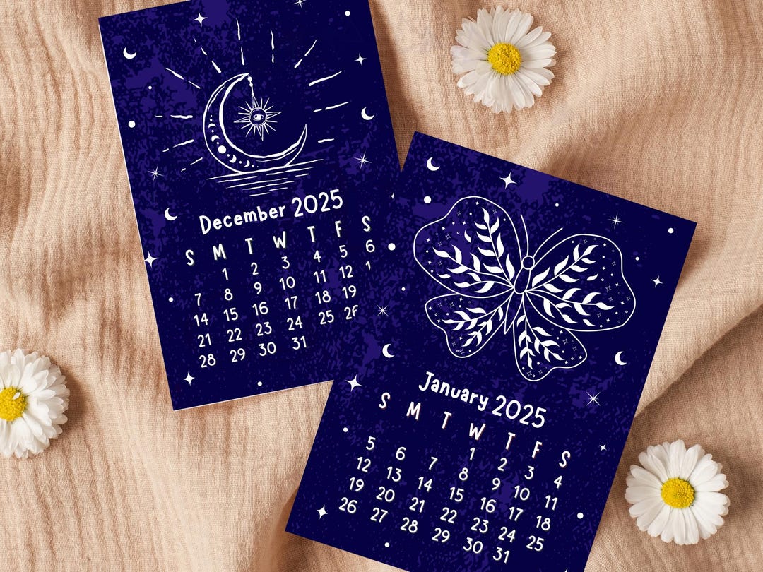 Magical Celestial Starry Night Sky Calendar 2025 Png, Junk Journal Calendar Kit, Printable