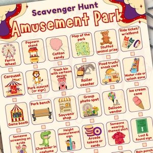 Amusement Park Scavenger Hunt Printable Game | Vacation Activity for Kids | Summer Field Trip Fun | Family Trip Game | Instant Download