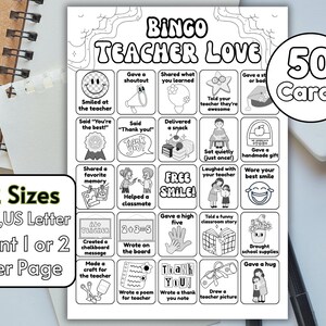 Lehrer Liebe Bingo Druckbares Spiel, Groovy Färbung Bingo, Schwarz und Weiß Ende des Jahres Lehrer Wertschätzung Aktivität, A4 US Letter | 50 Karten