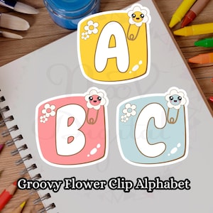 Juego de 36 pegatinas con forma de flor y clip para letras en formato PNG, pegatinas con forma de flor y clip para regalo con forma de alfabeto en formato PNG, paquete de pegatinas con forma de alfabeto en formato PNG retro, Cricut