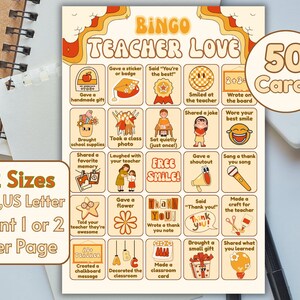 Bingo imprimible "Amor a los maestros": divertido juego de fin de curso / Descarga digital / Actividad de agradecimiento a los maestros para niños y estudiantes