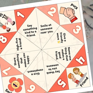 May include: A paper fortune teller with a peach and white color scheme. Each section has a number and a prompt, such as "Say something kind to a friend." Includes illustrations of people and a flower.