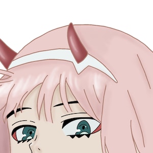 May include: A close-up of a pink-haired anime character with red horns and blue eyes. The character is looking to the right of the image.