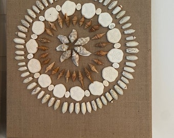 Può includere: Un'opera d'arte murale decorativa con un design a mandala realizzato con varie conchiglie. Le conchiglie sono disposte su una tela quadrata con una trama di iuta marrone. Il mandala include dollari di sabbia bianchi, piccole conchiglie a spirale e conchiglie allungate.