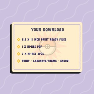 Puede incluir: Gr&aacute;fico de descarga digital con el texto "YOUR DOWNLOAD" en la parte superior. El texto a continuaci&oacute;n enumera los tipos de archivos incluidos: archivos listos para imprimir de 8,5 x 11 pulgadas, 1 PDF de alta resoluci&oacute;n y 7 JPG de alta resoluci&oacute;n. El gr&aacute;fico tambi&eacute;n dice "PRINT - LAMINATE/FRAME - ENJOY!"