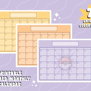 Puede incluir: Tres calendarios mensuales tem&aacute;ticos imprimibles en amarillo, naranja y morado, cada uno con un dise&ntilde;o de cuadr&iacute;cula para los d&iacute;as del mes. Los calendarios tienen un borde decorativo y un espacio para un t&iacute;tulo. El texto dice "7 Unique Colorways" y "Printable Themed Monthly Calendar."
