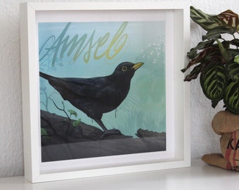 Art Print Blackbird in Picture Frame Art Print Picture Print Illustration Bird Art 35x35 Square