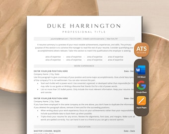 ATS Resume Template Google Docs, Word, Apple Pages | ATS Friendly Professional Resume for Men | Modern, Minimalist Executive CV Template