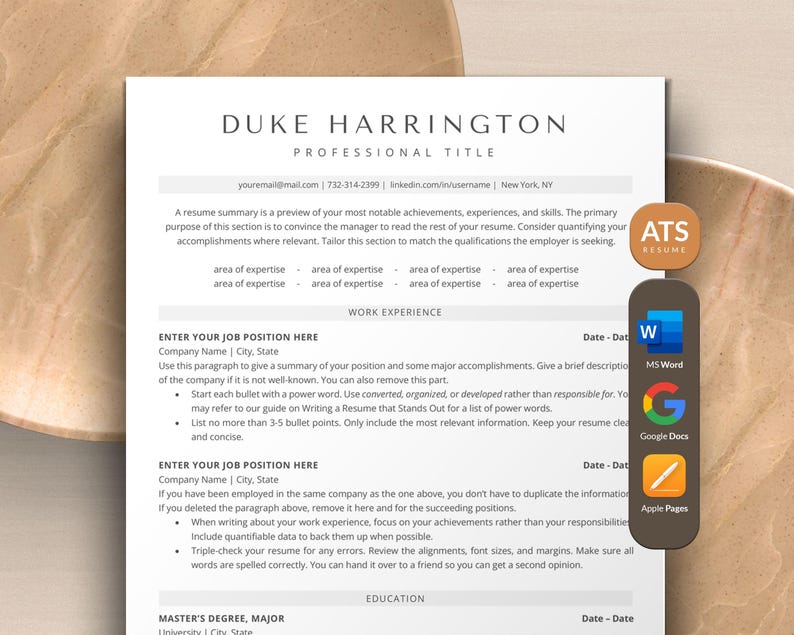 May include: A resume template with a modern design. The template includes sections for work experience, education, and skills. The template is designed to be used with Microsoft Word, Google Docs, and Apple Pages.