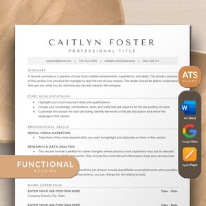 Puede incluir: Una plantilla de currículum funcional con un diseño moderno. La plantilla incluye secciones para un resumen, cualificaciones principales, habilidades profesionales, experiencia laboral y una llamada a la acción para ingresar información sobre el puesto. La plantilla es compatible con Microsoft Word, Google Docs y Apple Pages.