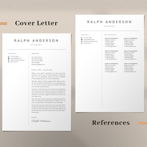 May include: A black and white cover letter and resume template with the name Ralph Anderson and the title Student. The cover letter includes a sample letter to Mrs. Johnson, and the resume includes contact information and references.