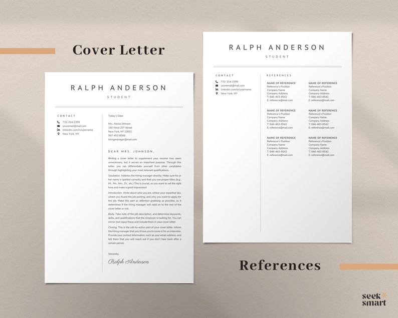 May include: A black and white cover letter and resume template with the name Ralph Anderson and the title Student. The cover letter includes a sample letter to Mrs. Johnson, and the resume includes contact information and references.