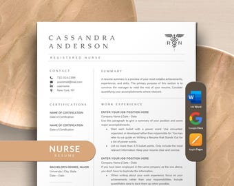 Nursing Resume Template for Word, Google Docs, Apple Pages | Nurse Resume, Medical Resume Template for Medical Assistants, RN, CNA, Students