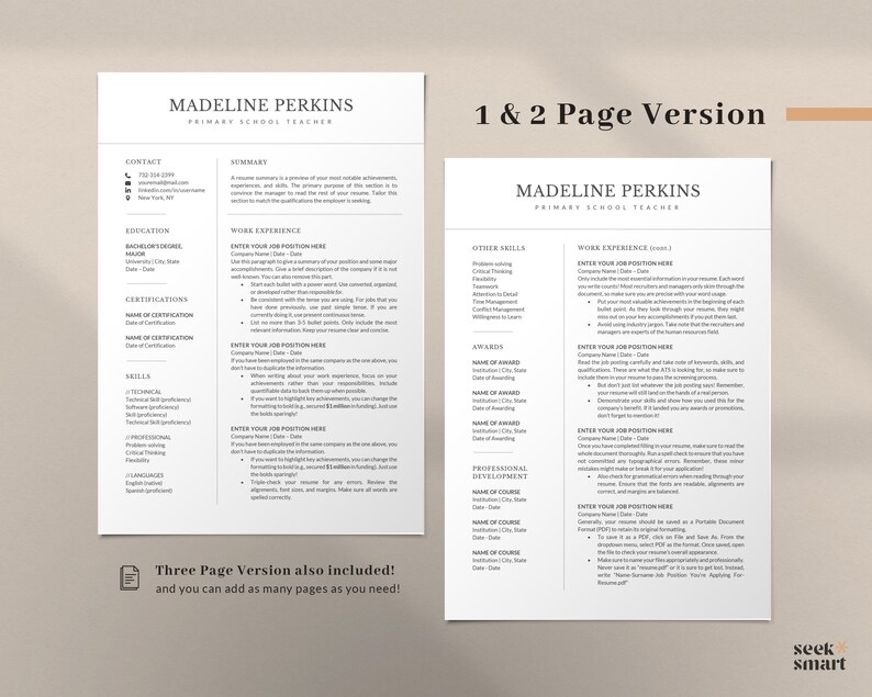 May include: A two-page resume template with a beige background and black text. The template includes sections for contact information, education, work experience, skills, certifications, awards, and professional development. The text "1 & 2 Page Version" appears in the top right corner of the page.
