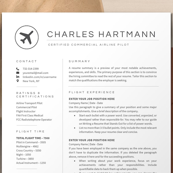 Pilot Resume Template for Aviation, Flight Attendant Crew | Pilot Aviation Professional Resume Template Word, Google Docs, Apple Pages