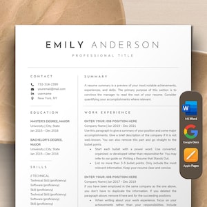 Minimalist Resume Template Word, Google Docs, Apple Pages Mac, CV Template, Clean Resume, Modern Resume for Manager, Sales, Finance 1 2 Page