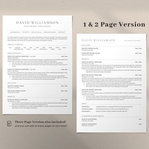 May include: A two-page resume template with a minimalist design. The template features a header with the name "David Williamson" and the title "Software Engineer". The resume includes sections for work experience, education, projects, languages, technical skills, other skills, and leadership & achievements.
